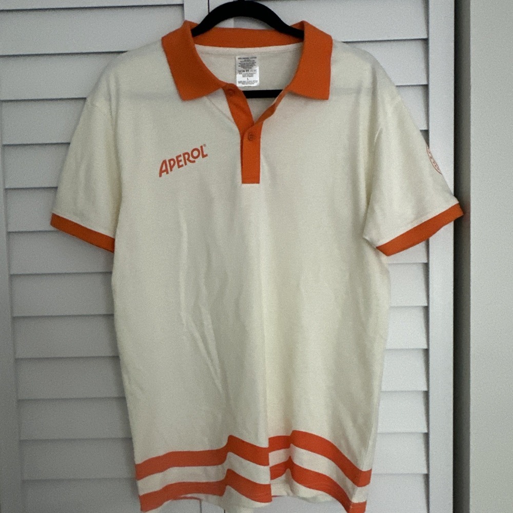 APEROL Logo Men's Cotton Polo Shirt White Orange Striped Size L Large New